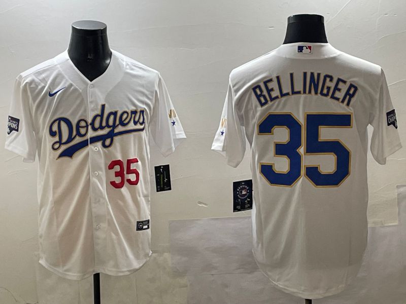 Men Los Angeles Dodgers 35 Bellinger White Gold Game 2025 Nike MLB Jersey style 11